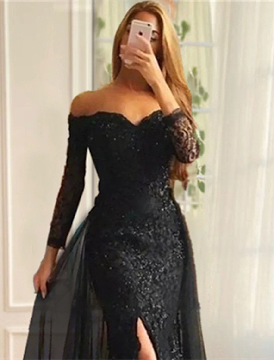 DingjiMermaid Evening Gown Floral Carnival Dress Formal Wedding Sweep / Brush Train Long Sleeve Off Shoulder Fall Wedding Reception Chiffon with Slit Appliques