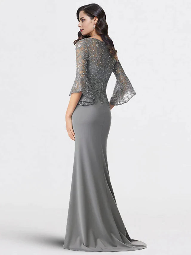 DingjiMermaid / Trumpet Mother of the Bride Dress Plus Size Elegant V Neck Sweep / Brush Train Chiffon Lace 3/4 Length Sleeve with Sequin Appliques