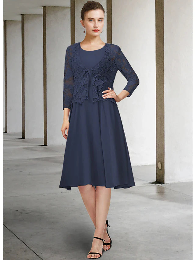 DingjiTwo Piece A-Line Mother of the Bride Dress Elegant Jewel Neck Knee Length Chiffon Lace 3/4 Length Sleeve with Bow(s) Appliques