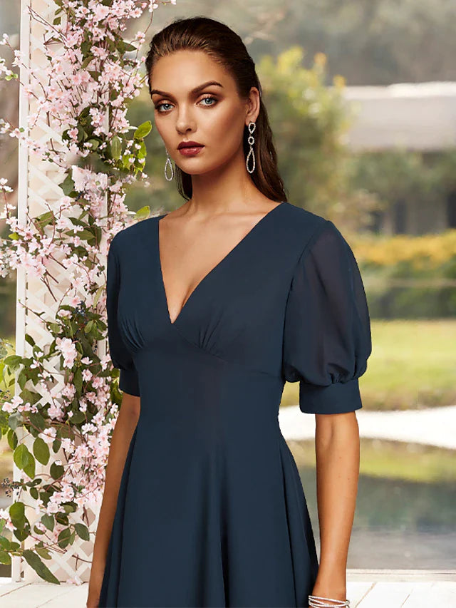 A-Line Mother of the Bride Dress Plus Size Elegant Jewel Neck Tea Length Chiffon Short Sleeve with Pleats Solid Color