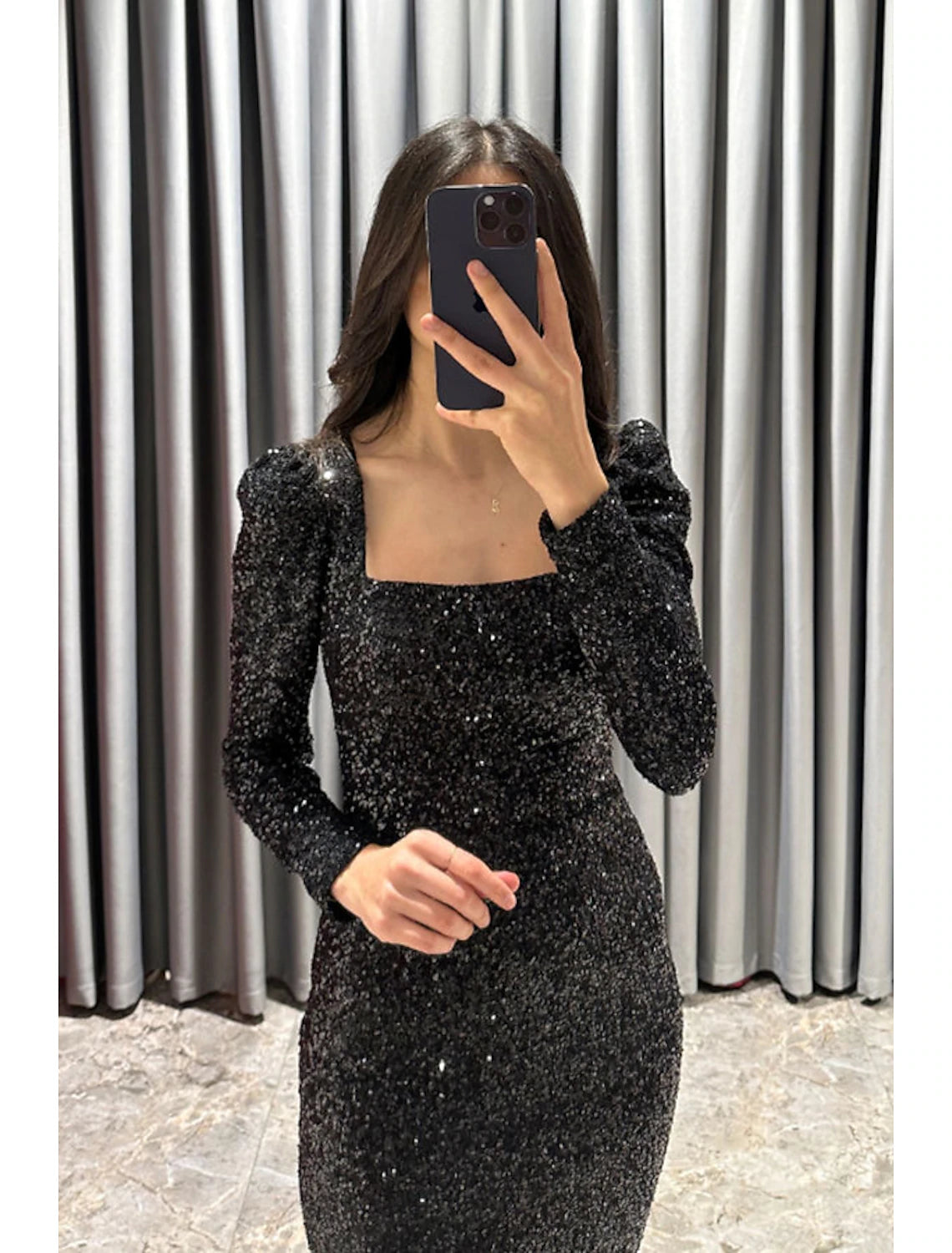 Sheath / Column Evening Gown Elegant Black Dress Formal Fall Tea Length Long Sleeve Square Neck Sequined with Glitter Slit