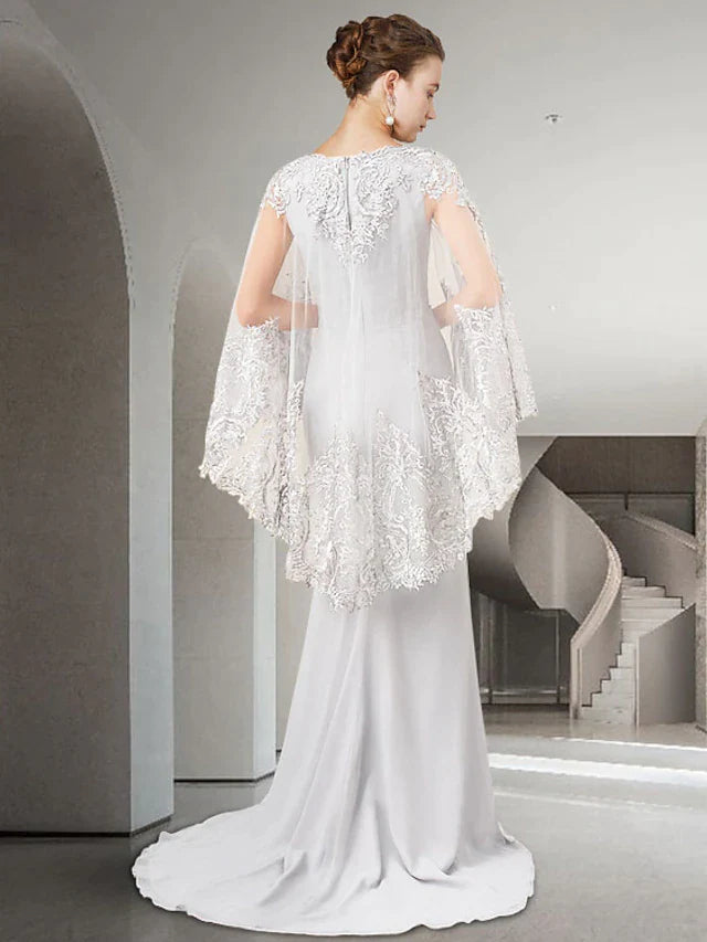 Sheath / Column Mother of the Bride Dress Luxurious Elegant V Neck Sweep / Brush Train Chiffon Lace Long Sleeve with Beading Appliques