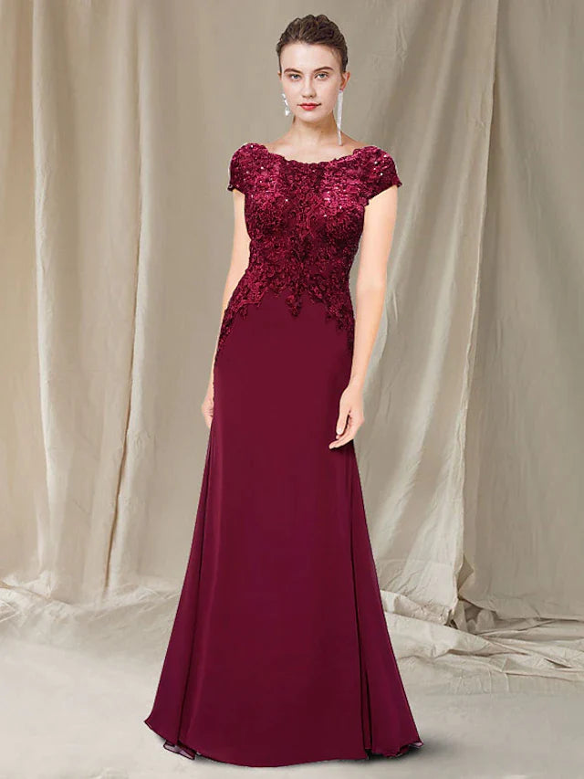 DingjiA-Line Mother of the Bride Dress Elegant Jewel Neck Sweep / Brush Train Chiffon Lace Short Sleeve with Appliques