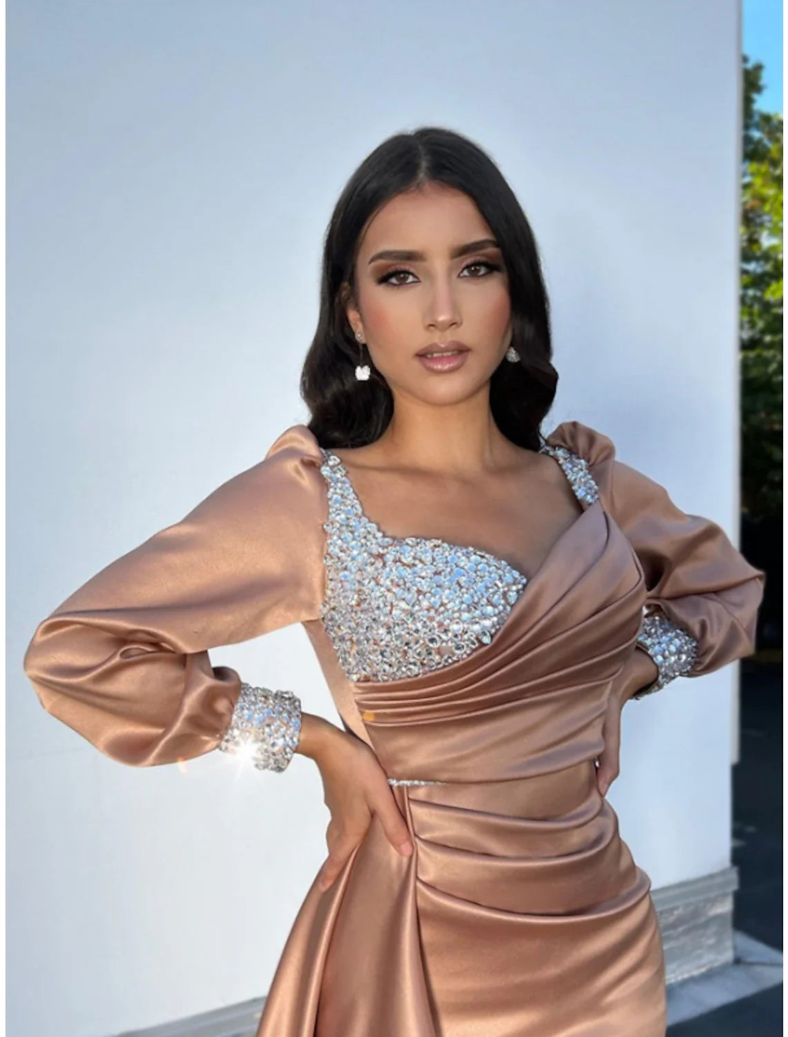 DingjiA-Line Evening Gown Sparkle & Shine Dress Formal Fall Court Train Long Sleeve Square Neck Satin with Glitter Ruched