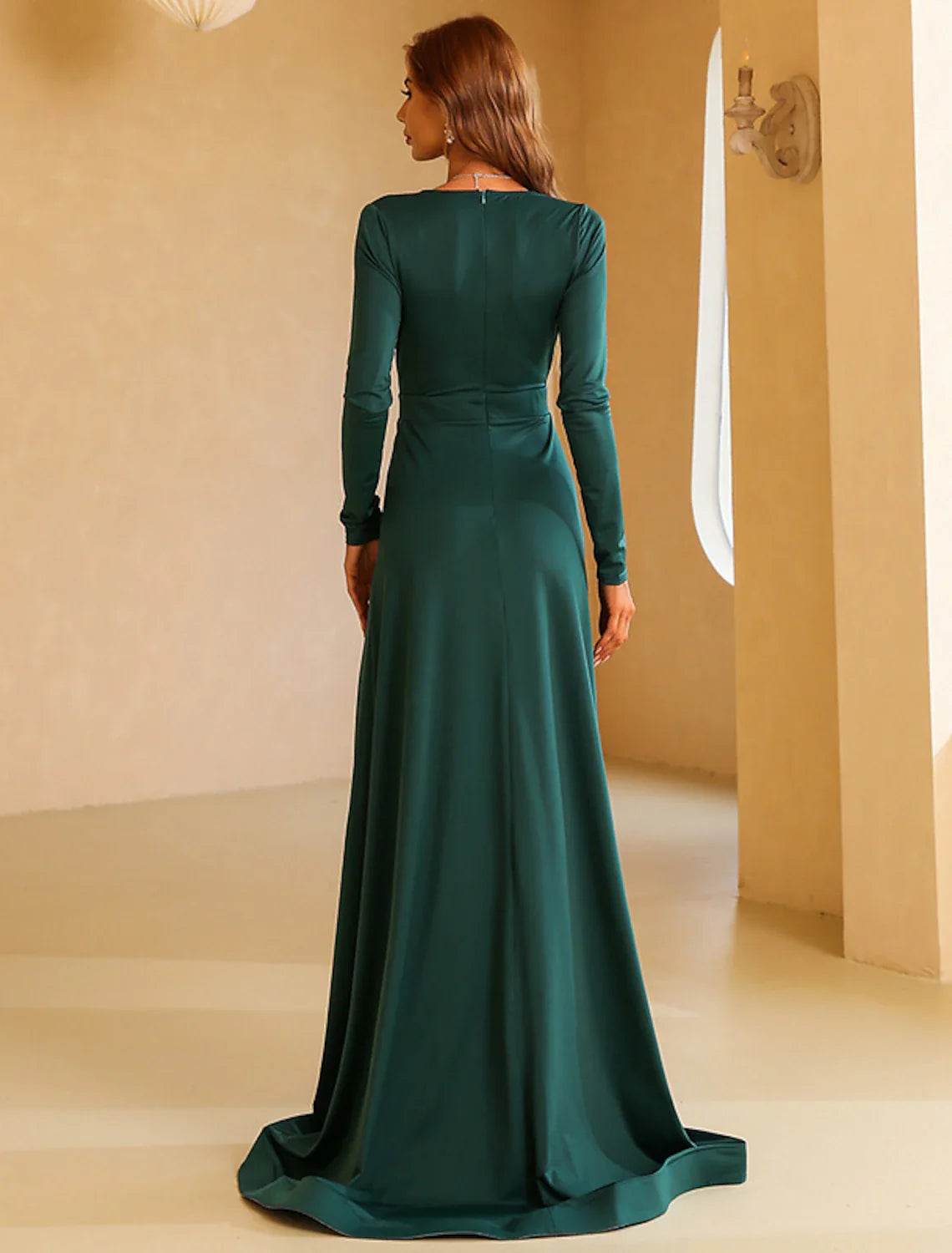 DingjiA-Line Evening Gown Elegant Dress Wedding Guest Engagement Sweep / Brush Train Long Sleeve V Neck Polyester with Slit Pure Color