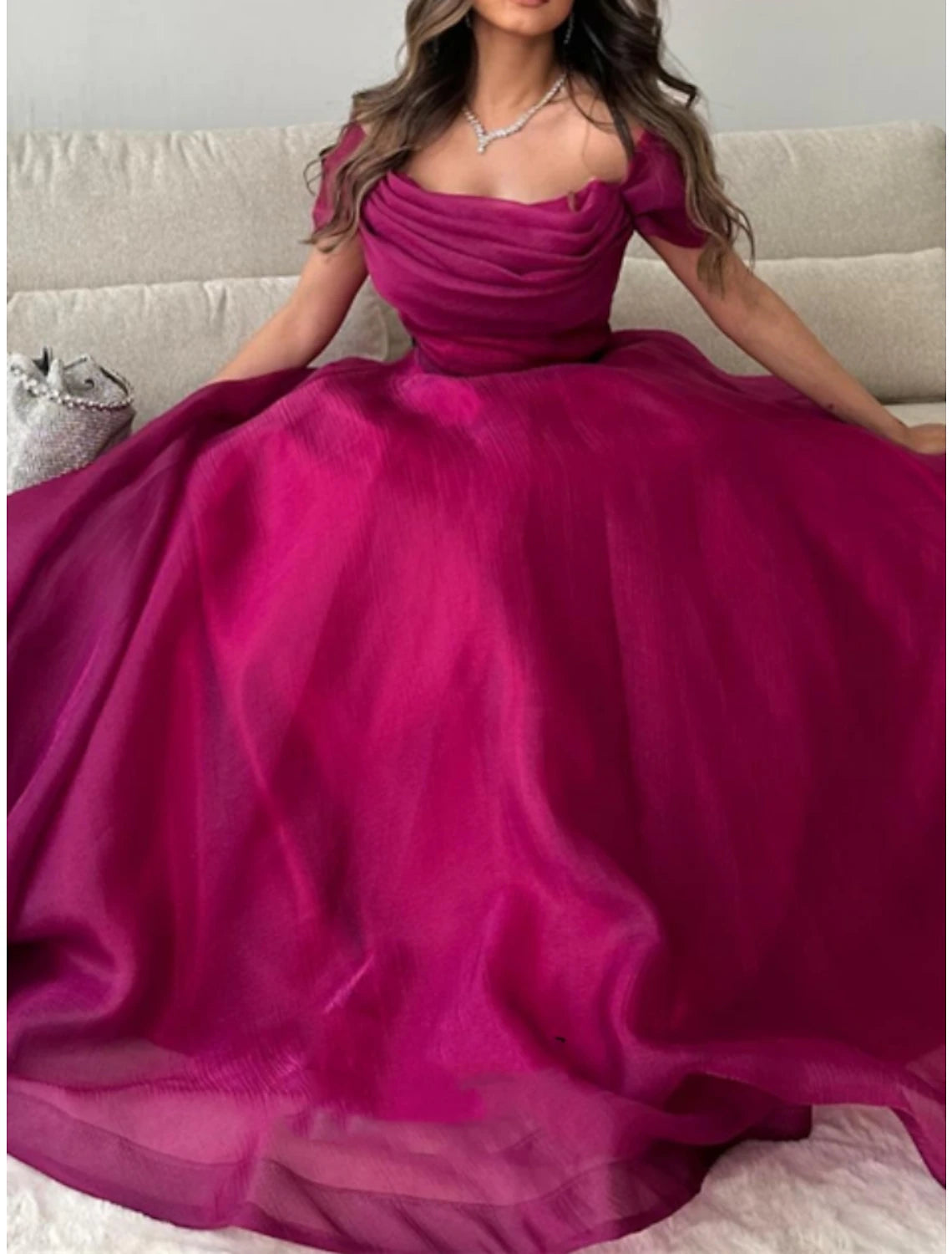 A-Line Prom Dresses Elegant Dress Formal Sweep / Brush Train Short Sleeve Off Shoulder Tulle with Pleats Ruched
