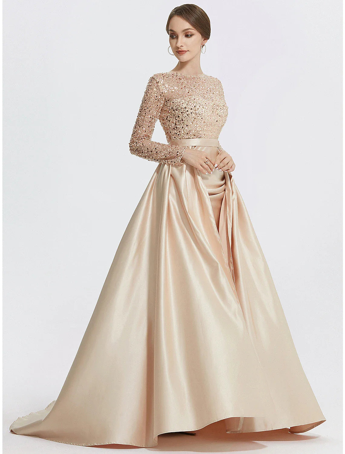 DingjiMermaid / Trumpet Evening Gown Elegant Dress Formal Prom Floor Length Long Sleeve Jewel Neck Sequined with Glitter Sequin