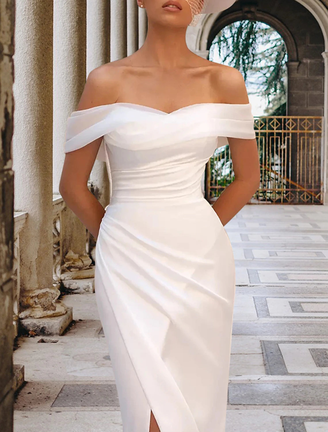 Hall Casual Wedding Dresses Sheath / Column Off Shoulder Cap Sleeve Court Train Satin Bridal Gowns With Split Front Side-Draped Summer Fall Wedding Party , Women's Clothing