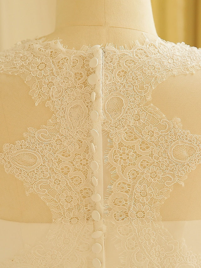 Dingji Hall Sparkle & Shine Wedding Dresses Court Train A-Line Long Sleeve Illusion Neck Satin With Buttons Ruched