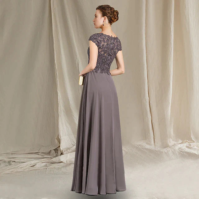A-Line Mother of the Bride Dress Elegant Jewel Neck Floor Length Chiffon Lace Cap Sleeve with Pleats Appliques