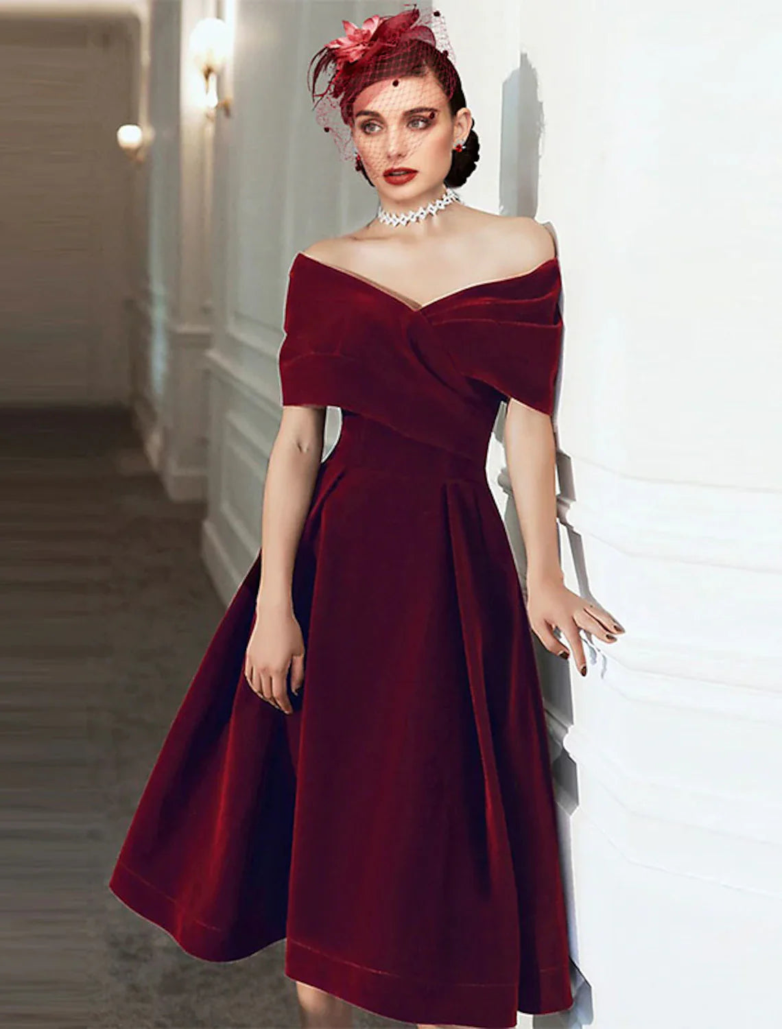 DingjiA-Line Cocktail Dresses 1950s Dress Fall Wedding Guest Dress Knee Length Short Sleeve Off Shoulder Velvet with Pleats Pure Color