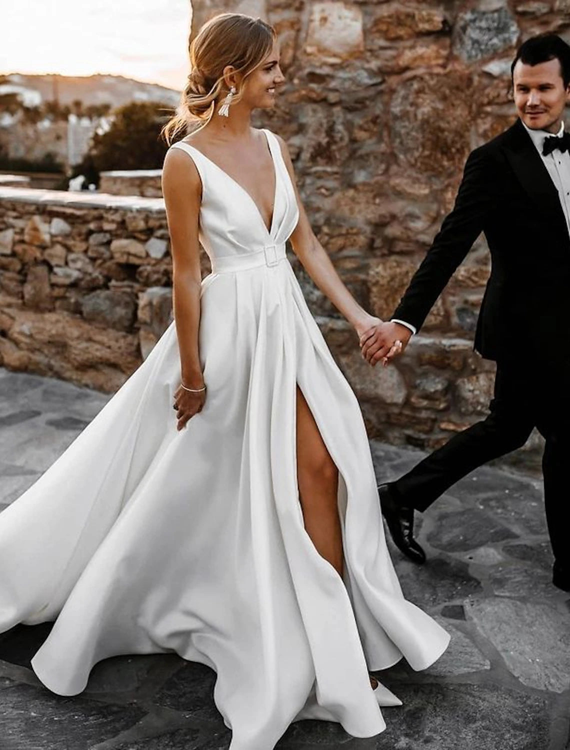 Beach Casual Wedding Dresses A-Line V Neck Sleeveless Court Train Satin Bridal Gowns With Sashes / Ribbons Sash / Ribbon 2023 Summer Wedding Party
