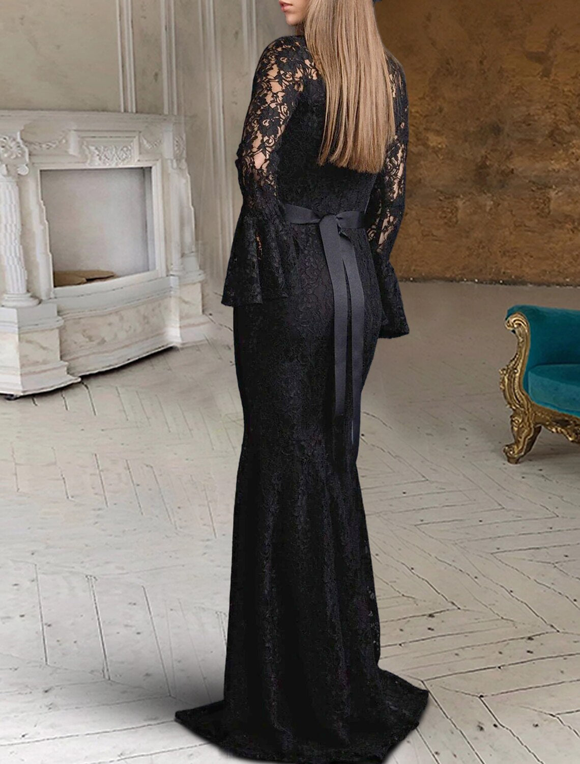 Black Wedding Dresses Party Formal Mermaid / Trumpet Scoop Neck Long Sleeve Sweep / Brush Train Lace Gothi Fall Halloween Bachelorette Bridal Gowns With Solid Color