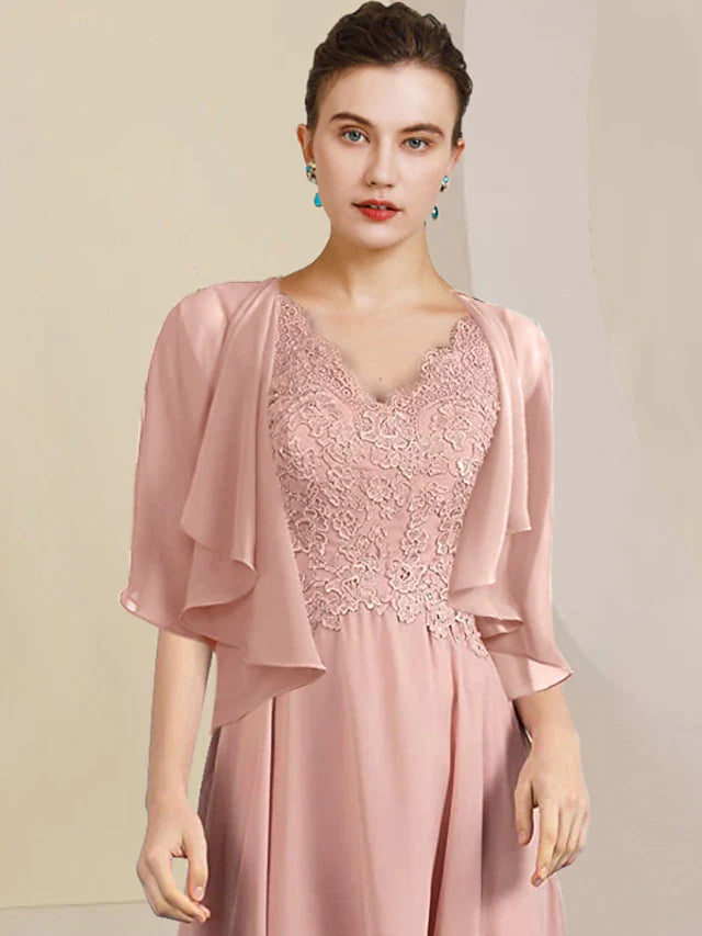 DingjiTwo Piece A-Line Mother of the Bride Dress Formal Wedding Guest Elegant High Low V Neck Asymmetrical Tea Length Chiffon Lace Short Sleeve Wrap Included with Pleats Appliques