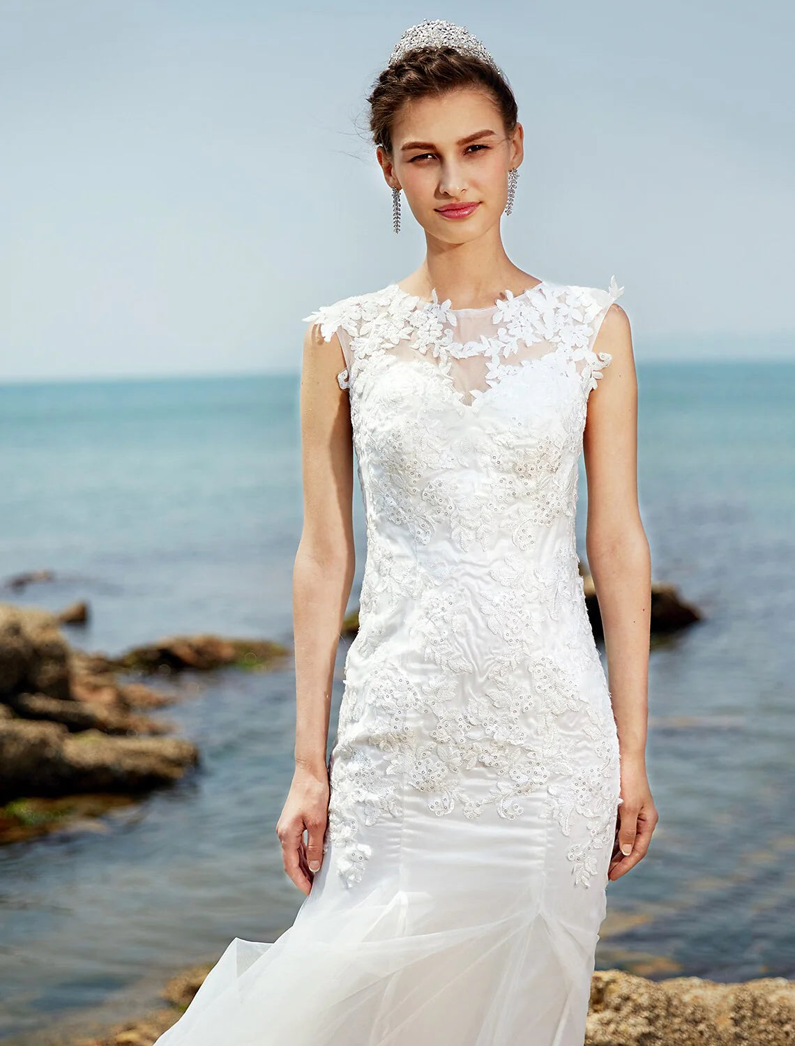 DingjiMermaid / Trumpet Bateau Neck Sweep / Brush Train Lace / Tulle Made-To-Measure Wedding Dresses with Lace / Ruched