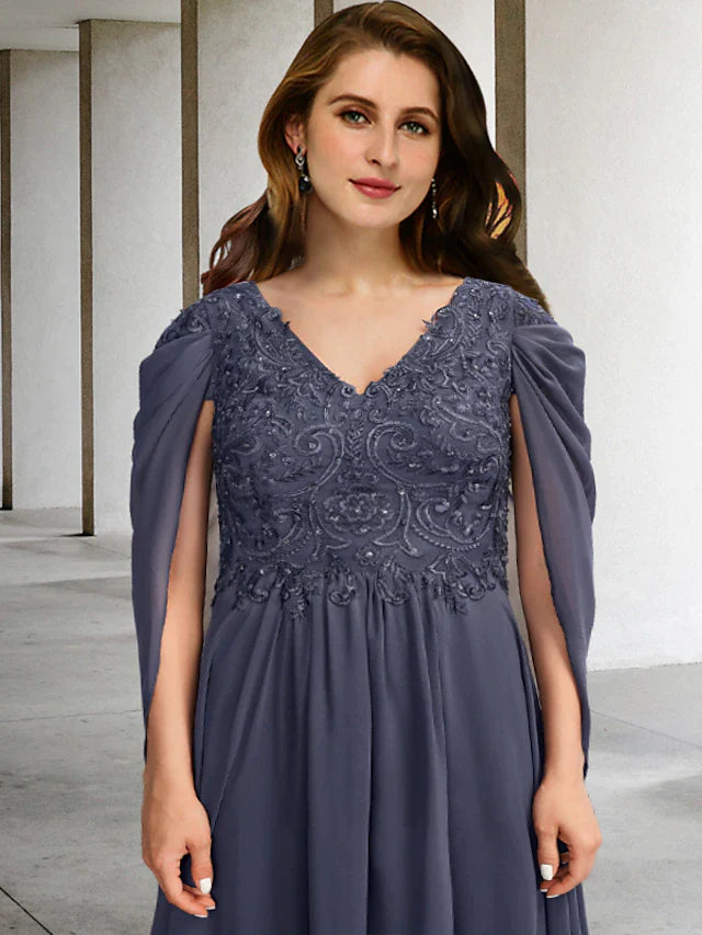 A-Line Plus Size Curve Mother of the Bride Dresses Elegant Dress Formal Floor Length Short Sleeve V Neck Chiffon with Pleats Beading Appliques