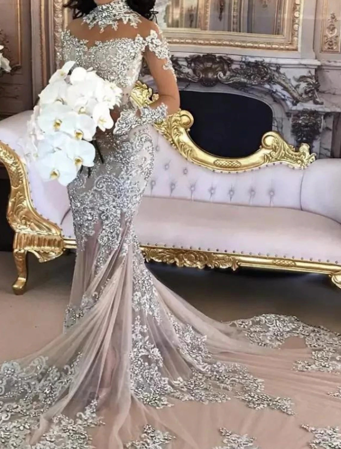 Sparkle & Shine Formal Fall Wedding Dresses Mermaid / Trumpet High Neck Long Sleeve Chapel Train Lace Bridal Gowns With Lace Insert Appliques Summer Wedding Party, Women‘s Clothing
