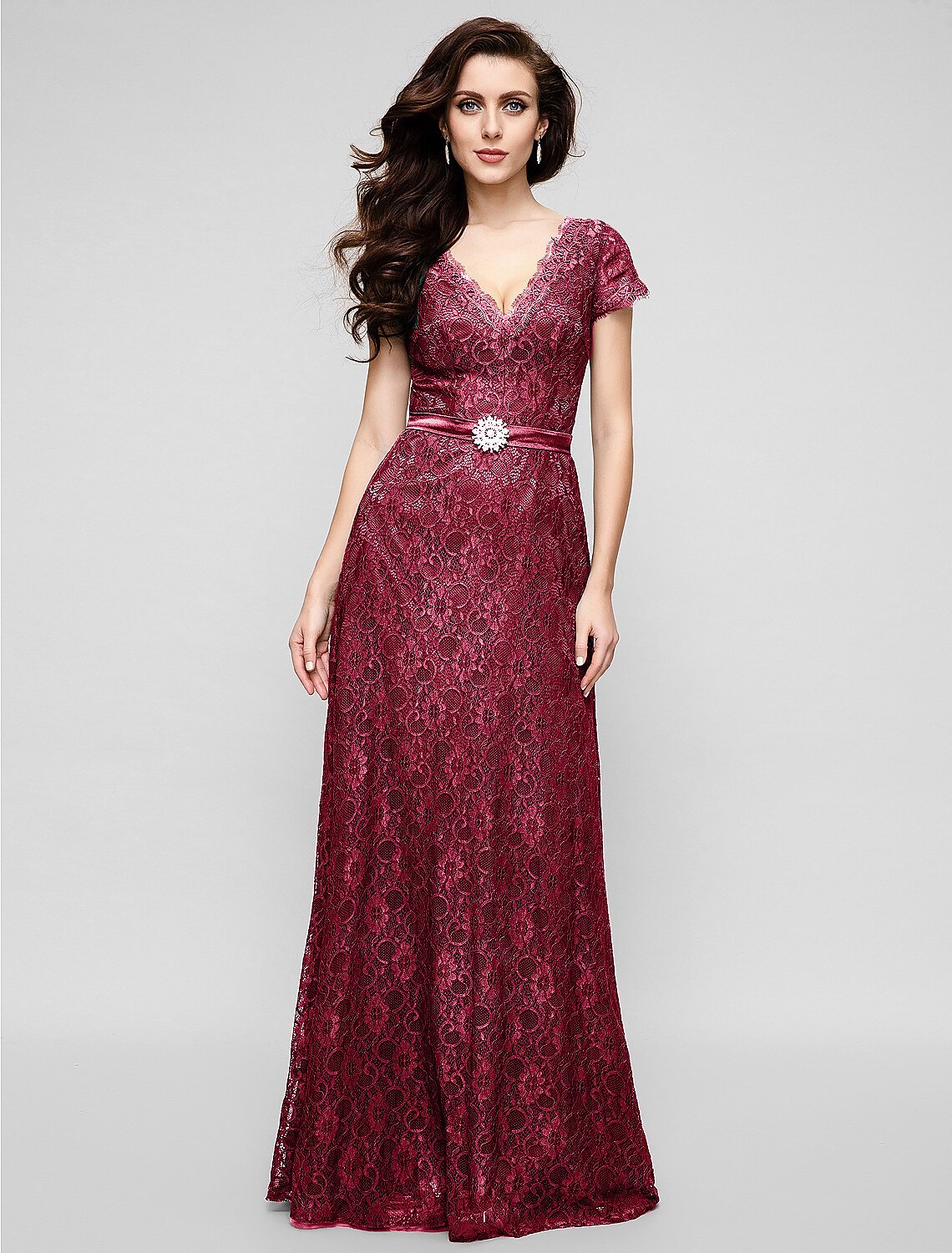 A-Line Elegant Dress Holiday Cocktail Party Floor Length Short Sleeve V Neck All Over Lace with Crystal Brooch
