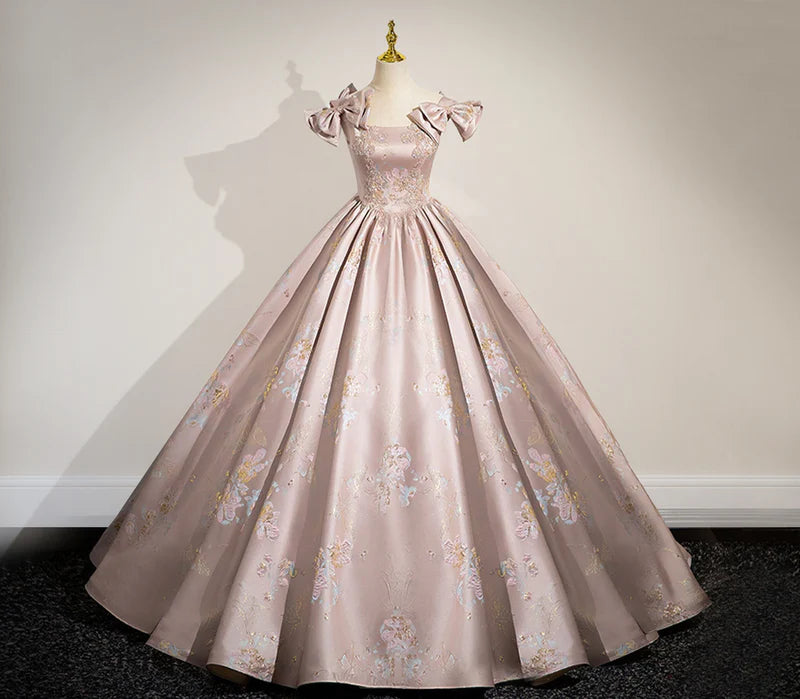 Elegant Ball Gown Pink Beaded Floral Appliques Quinceanera Dress