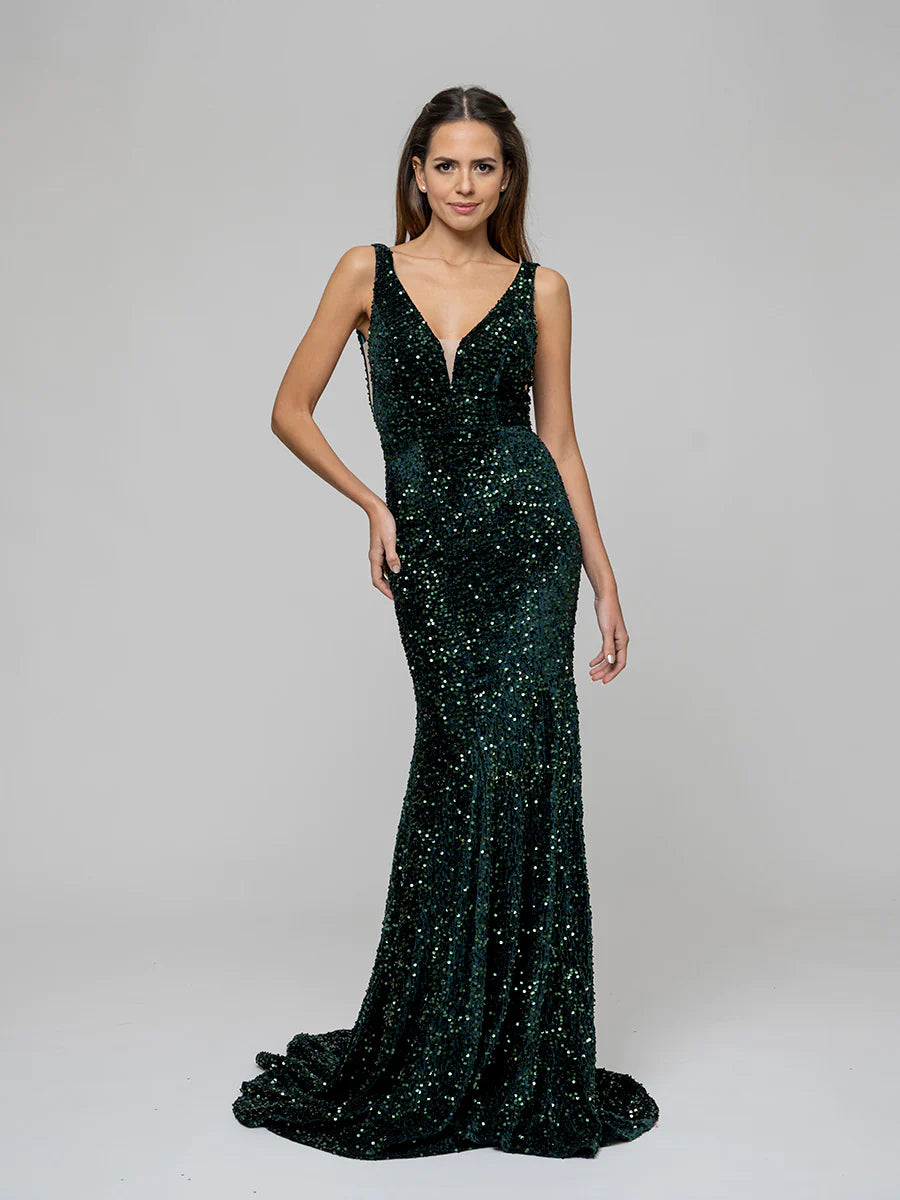 Deep V-neck Velvet Sequin Sheath Prom Dresses With Sweep Train