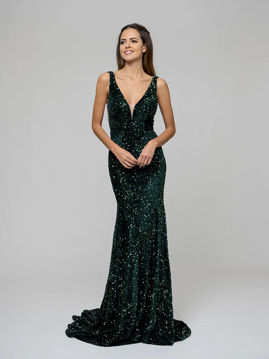 Deep V-neck Velvet Sequin Sheath Prom Dresses With Sweep Train