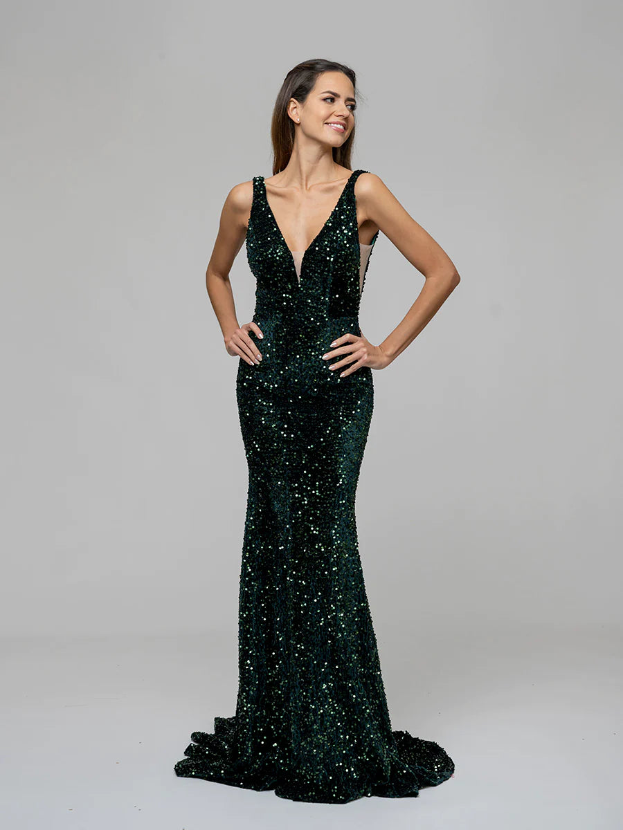 Deep V-neck Velvet Sequin Sheath Prom Dresses With Sweep Train