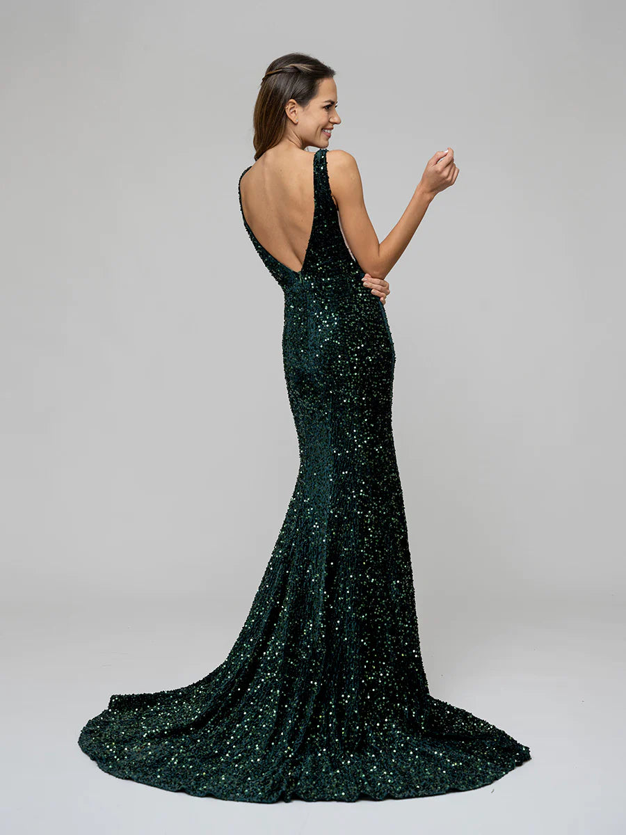 Deep V-neck Velvet Sequin Sheath Prom Dresses With Sweep Train