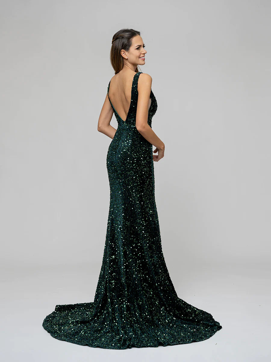Deep V-neck Velvet Sequin Sheath Prom Dresses With Sweep Train