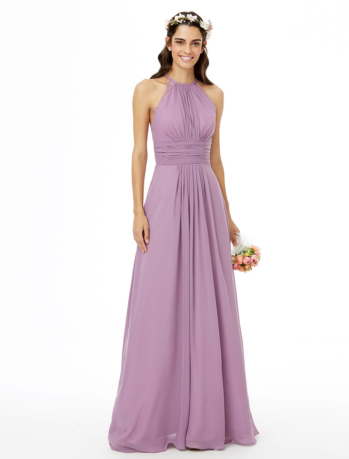 Sheath / Column Bridesmaid Dress Jewel Neck Sleeveless Beautiful Back Floor Length Chiffon with Lace / Sash / Ribbon / Pleats