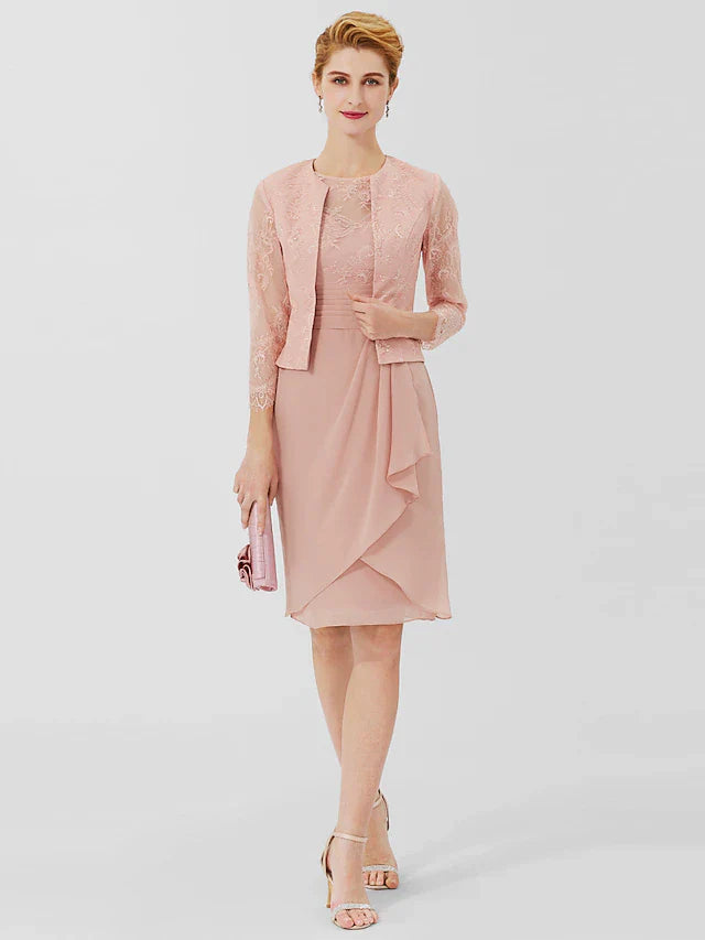 Sheath / Column Mother of the Bride Dress Formal Classic & Timeless Elegant & Luxurious Convertible Dress Jewel Neck Knee Length Chiffon Sheer Lace 3/4 Length Sleeve with Sash / Ribbon