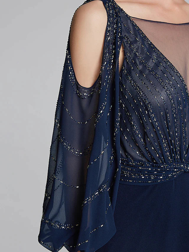 Sheath / Column Mother of the Bride Dress Sparkle & Shine Boat Neck Floor Length Chiffon Jersey Long Sleeve No with Beading Ruching