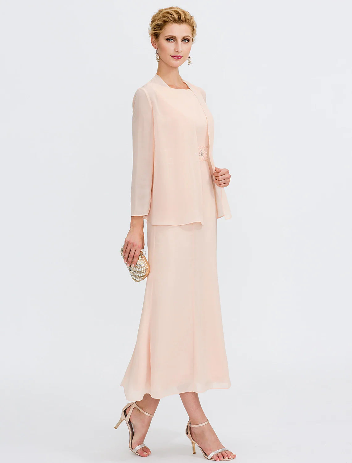 DingjiTwo Piece Sheath / Column Mother of the Bride Dress Wedding Guest Plus Size Elegant with Jacket Long Sleeve Scoop Neck Tea Length Chiffon Sash / Ribbon Pleats Beading