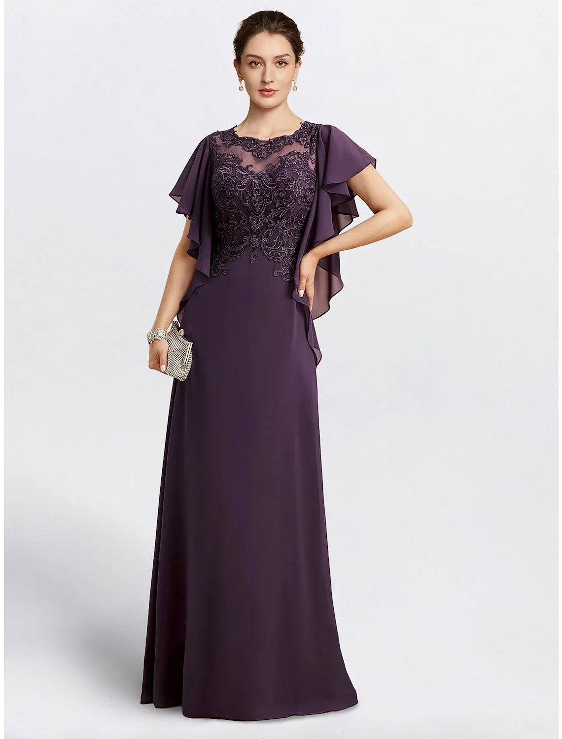 DingjiSheath Mother of the Bride Dress Cape Dress Formal Wedding Guest Elegant Jewel Neck Floor Length Chiffon Short Sleeve with Beading Appliques