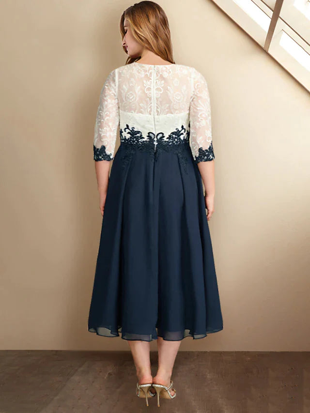 A-Line Plus Size Curve Mother of the Bride Dresses Color Block Dress Formal Tea Length Half Sleeve Jewel Neck Chiffon with Appliques Splicing