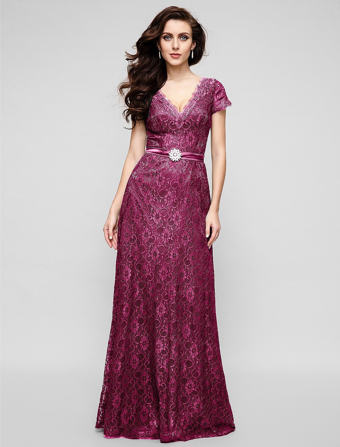 A-Line Elegant Dress Holiday Cocktail Party Floor Length Short Sleeve V Neck All Over Lace with Crystal Brooch
