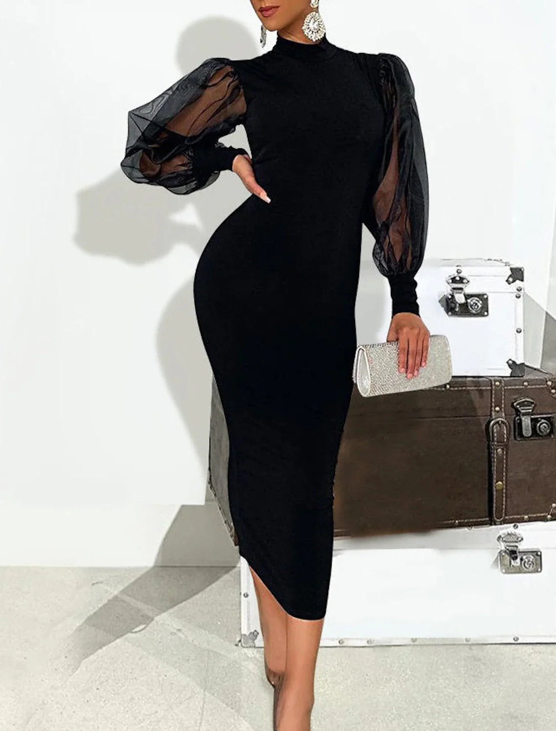 DingjiSheath / Column Cocktail Dresses Little Black Dress Dress Wedding Guest Tea Length Long Sleeve High Neck Stretch Fabric with Pure Color Splicing