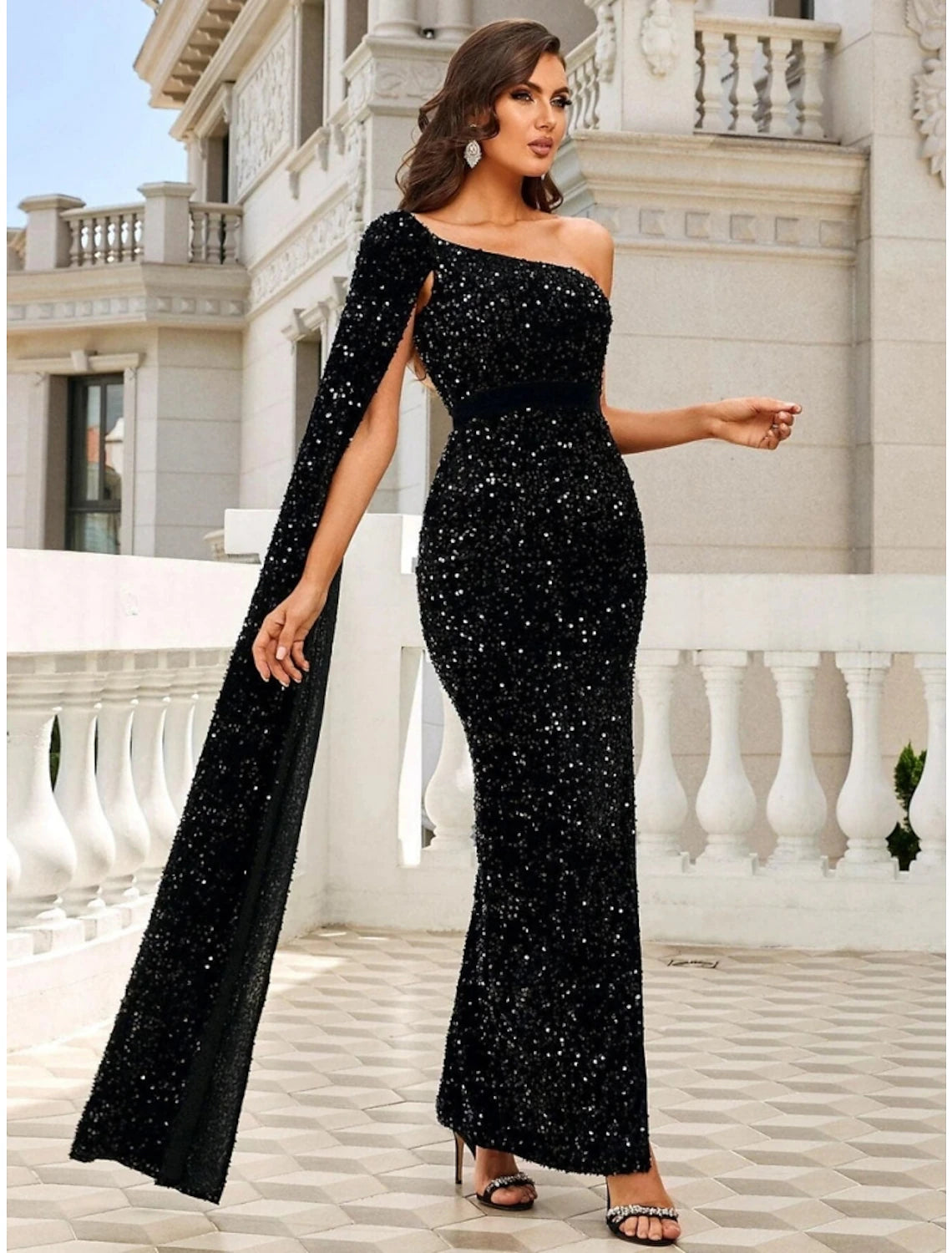 Mermaid / Trumpet Evening Gown Elegant Dress Formal Ankle Length Sleeveless One Shoulder Sequined with Glitter Slit