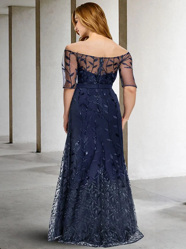 A-Line Plus Size Curve Mother of the Bride Dresses Plus Size Dress Formal Floor Length Half Sleeve Off Shoulder Tulle with Sequin Embroidery