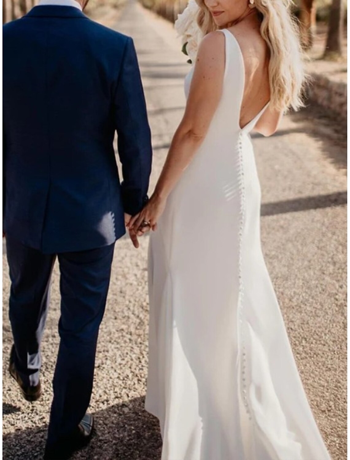 Engagement Casual Wedding Dresses Sheath / Column V Neck Sleeveless Court Train Stretch Fabric Bridal Gowns With Split Front Solid Color