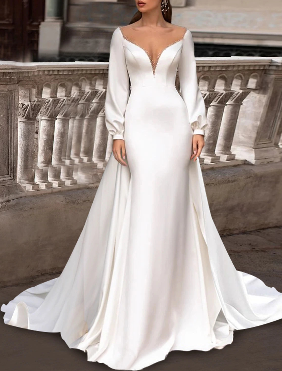Reception Formal Wedding Dresses Two Piece Illusion Neck Scoop Neck Long Sleeve Sweep / Brush Train Satin Bridal Gowns With Solid Colo