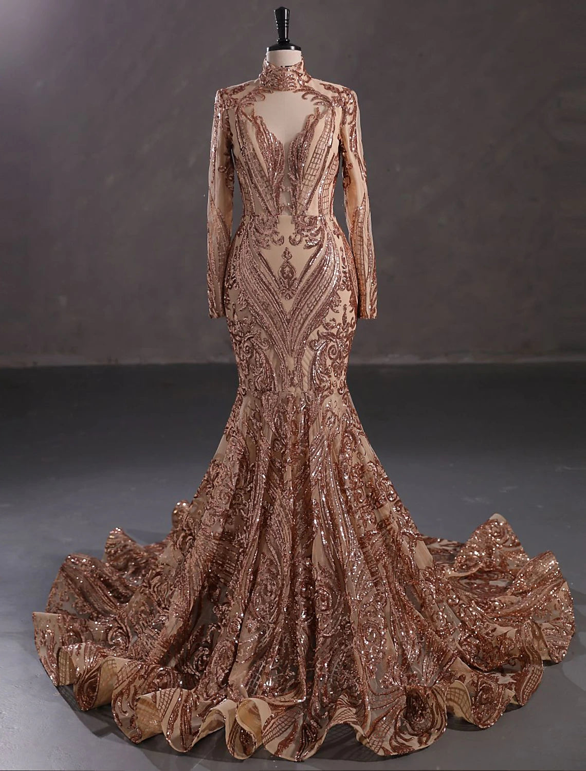 Mermaid / Trumpet Evening Gown Sparkle & Shine Dress Carnival Engagement Court Train Long Sleeve Stand Collar Lace with Sequin