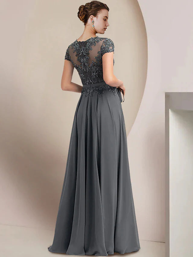 Sheath / Column Mother of the Bride Dress Wedding Guest Party Elegant Jewel Neck Floor Length Chiffon Lace Short Sleeve with Pleats Sequin