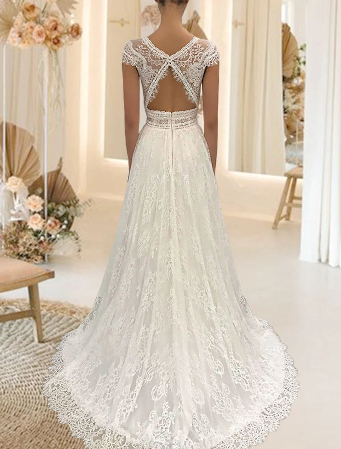 Beach Open Back Wedding Dresses A-Line V Neck Cap Sleeve Sweep / Brush Train Lace Bridal Gowns With Appliques