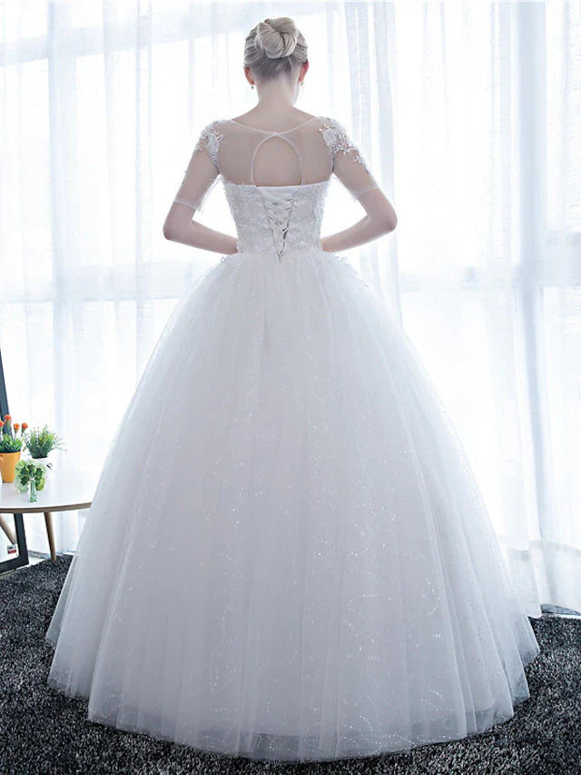 DingjiEngagement Formal Wedding Dresses Floor Length Ball Gown Half Sleeve Illusion Neck Satin With Lace