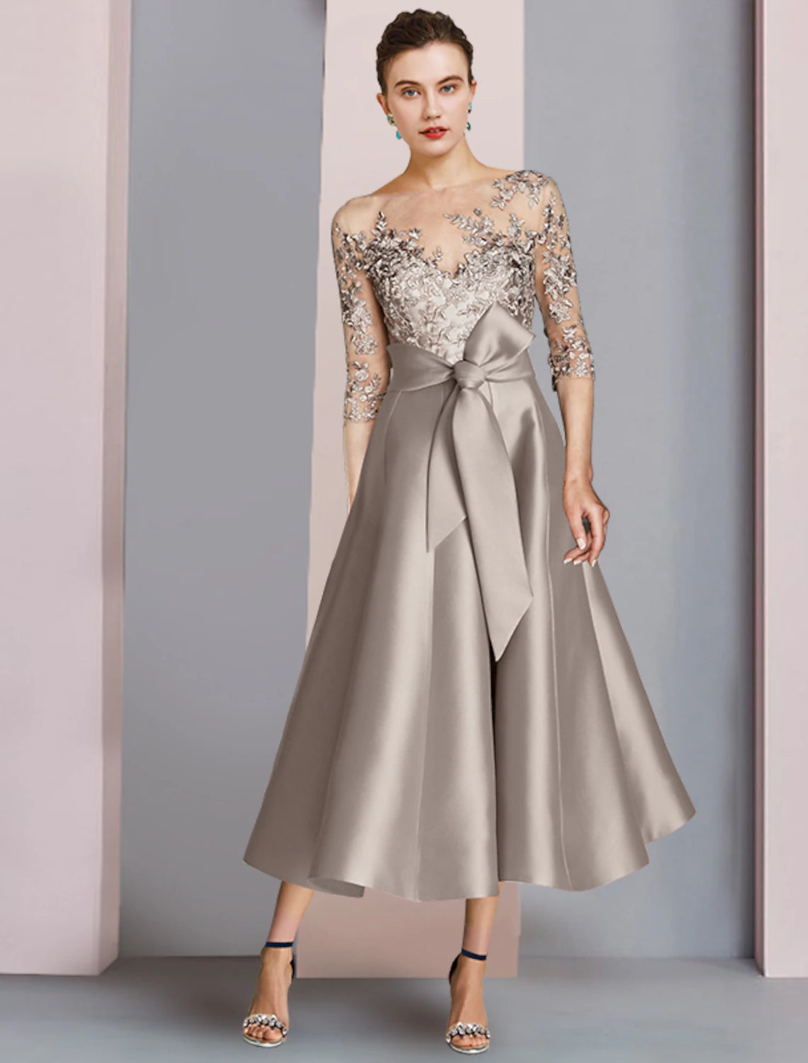 A-Line Mother of the Bride Dress Wedding Guest Party Elegant Scoop Neck Tea Length Satin Lace Half Sleeve with Bow(s) Appliques 2023
