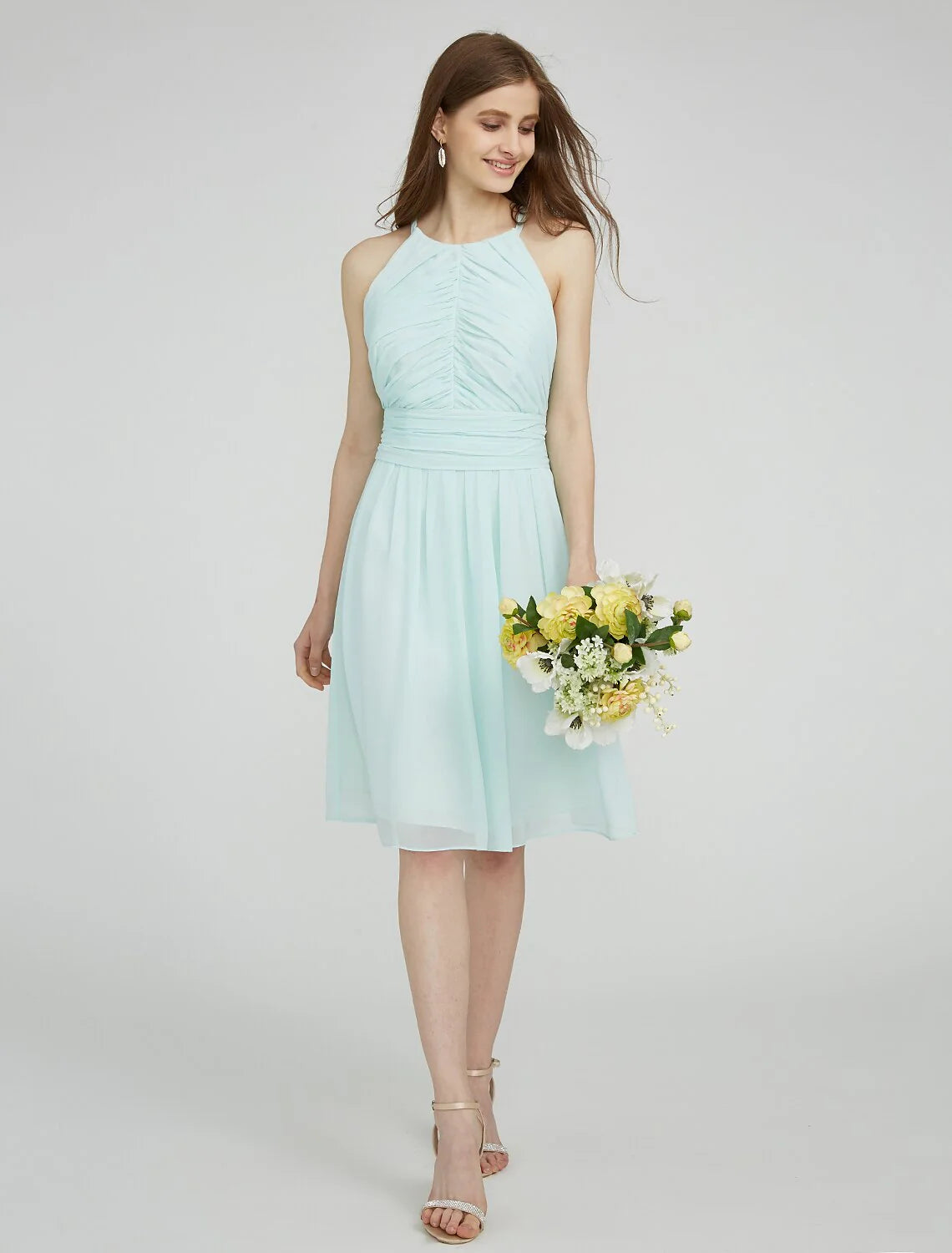 DingjiSheath / Column Jewel Neck Knee Length Chiffon Bridesmaid Dress with Ruched / Side Draping
