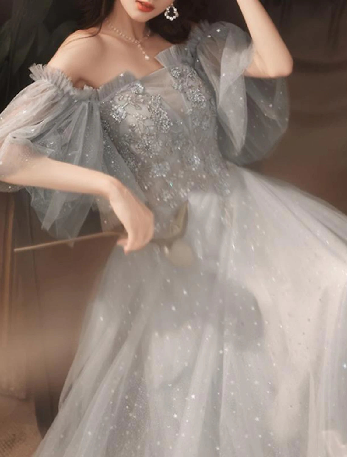 A-Line Prom Dresses Glittering Dress Engagement Formal Evening Floor Length Half Sleeve Off Shoulder Tulle with Pleats Beading Sequin