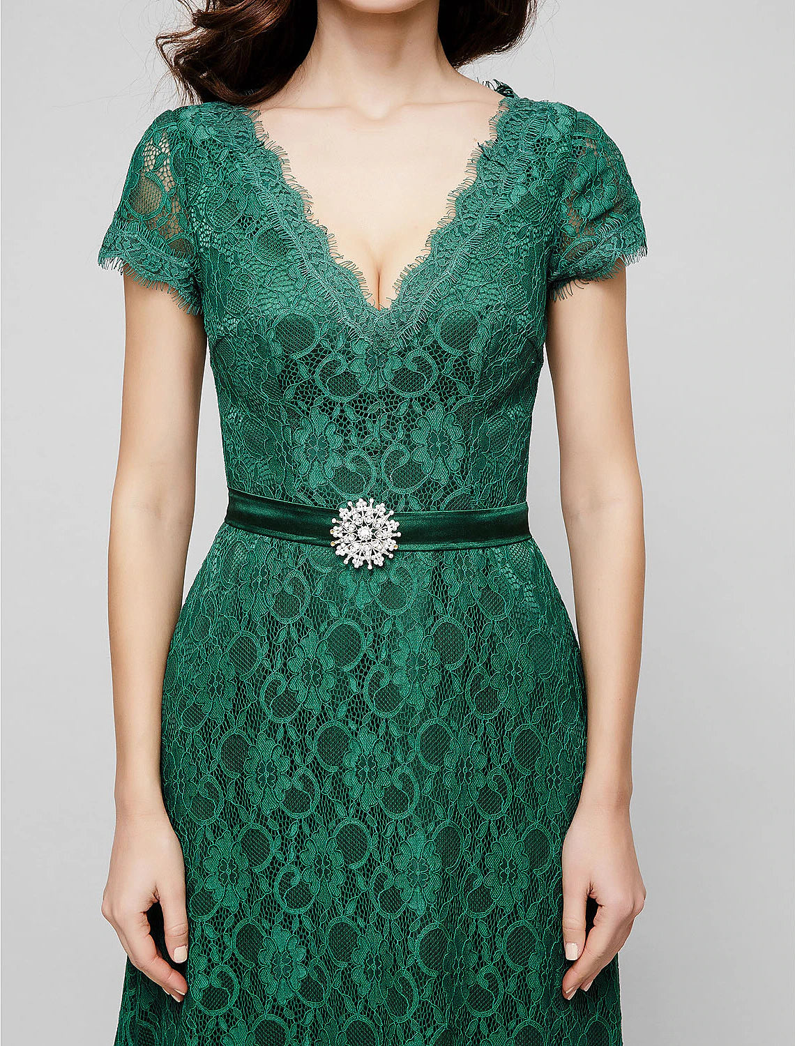 A-Line Elegant Dress Holiday Cocktail Party Floor Length Short Sleeve V Neck All Over Lace with Crystal Brooch