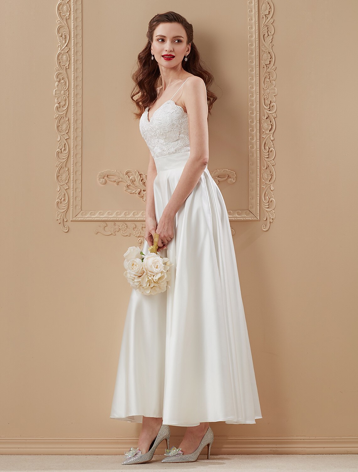 A-Line / Princess Spaghetti Strap Ankle Length Satin / Corded Lace Made-To-Measure Wedding Dresses with Appliques / Sashes / Ribbons / Open Back