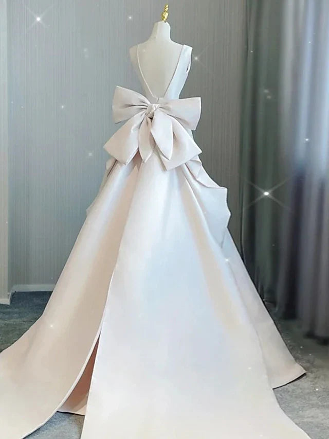 DingjiHall Casual Wedding Dresses Court Train A-Line Sleeveless V Neck Satin With Bow(s) Pleats